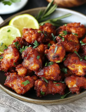 Homemade Chicken 65 served on a rustic ceramic plate, garnished with curry leaves and lemon wedge, with natural lighting in a home kitchen setting.