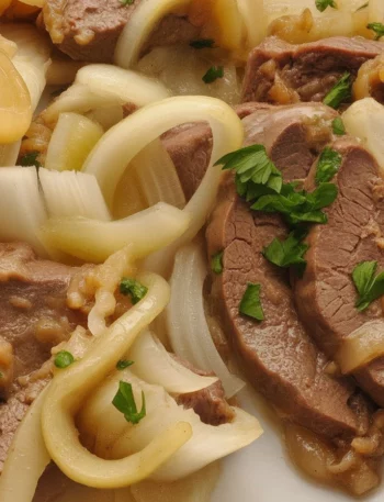 Delicious beef liver dishes cooked with onions and seasonings.